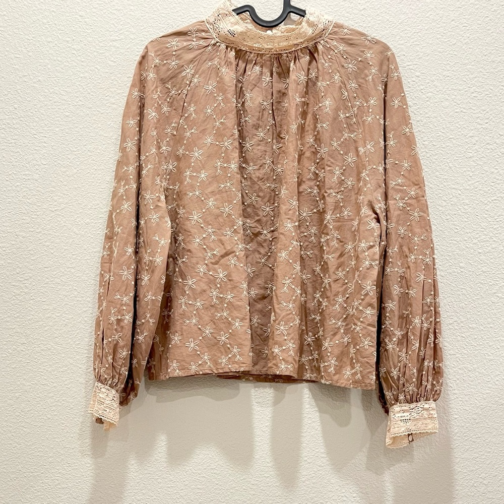 NWT! ZARA Brown Floral Embroidered Balloon Sleeves Blouse!